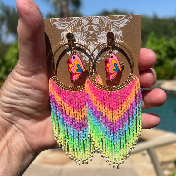 Handmade Beaded Long Tassel Fringe Dangle Drop Butterfly Post Hoop Earrings Wow! - Picture 3 of 8